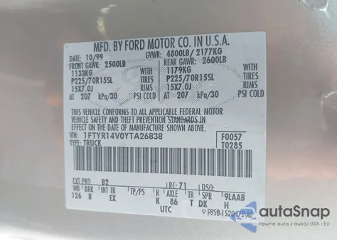 2000 Ford Ranger Xl/Xlt из США, поврежденный, VIN 1FTYR14V0YTA26838